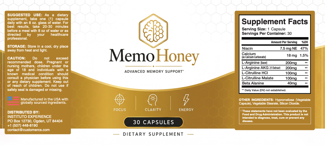 MemoHoney Supplement Facts Label